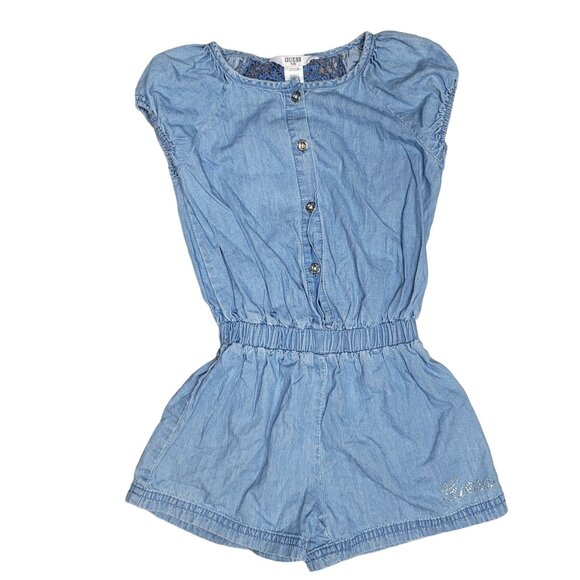 GUESS kids Embroidered Lace Back Chambray Elastic Waist Short Romper Size 6 kids - Picture 3 of 6